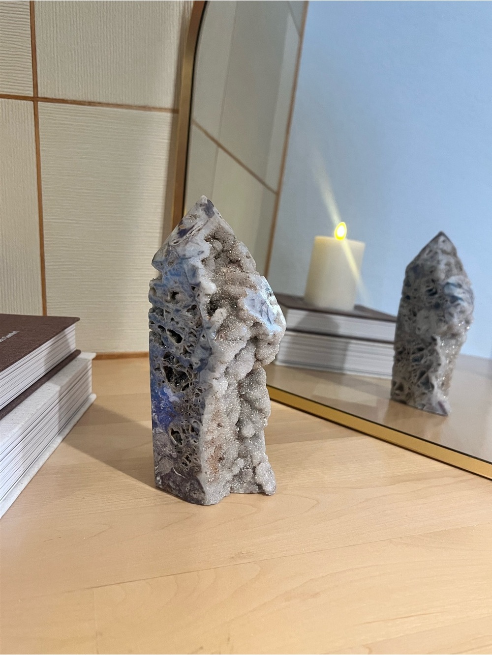 Druzy agate tower freeform with sparkling quartz vugs and iridescent blue/purple